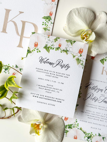 Floral watercolor enclosure card with script “Welcome Party” and event details, dark ink