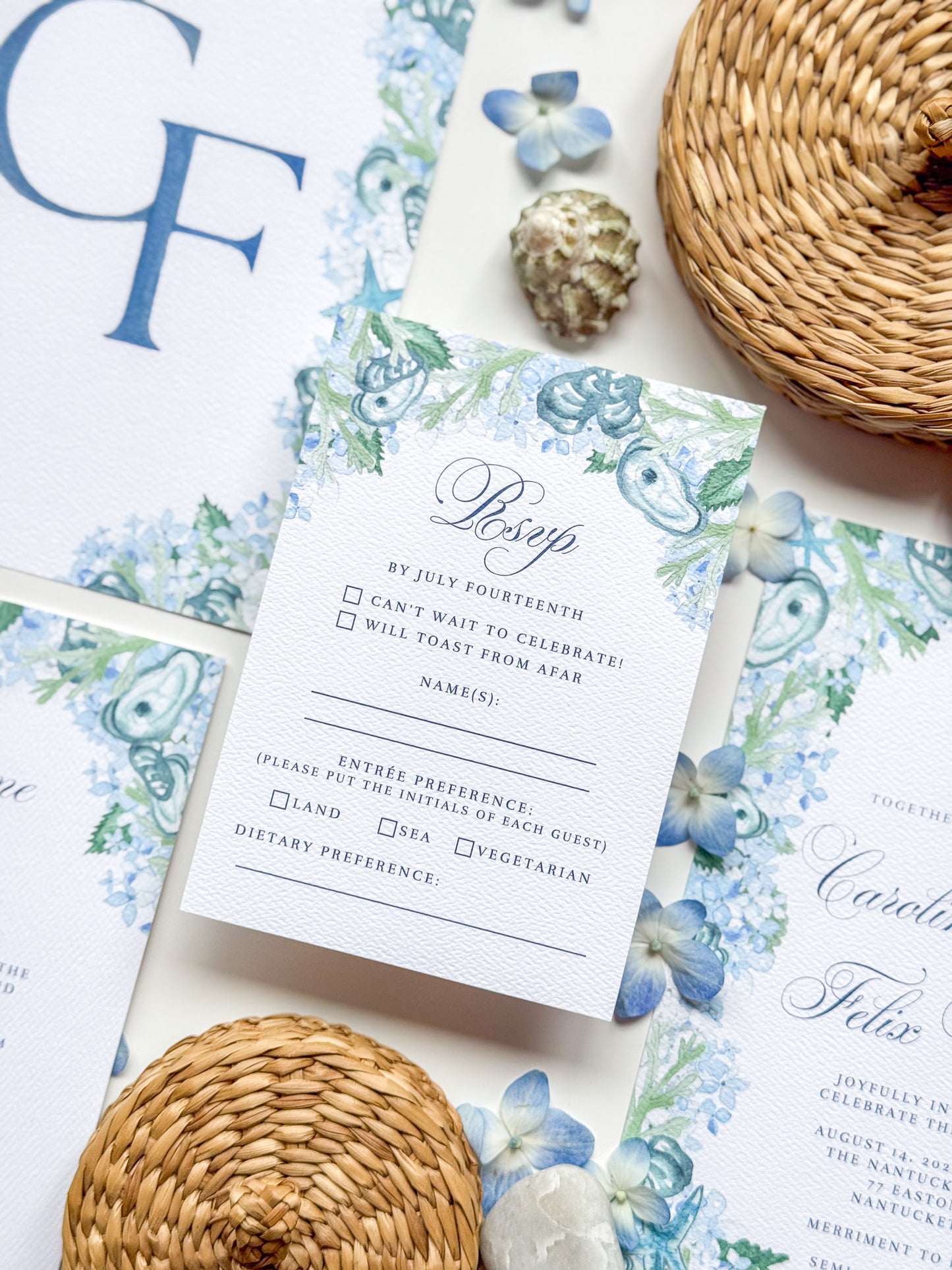 RSVP card with watercolor florals and checkboxes, plus name and preference lines