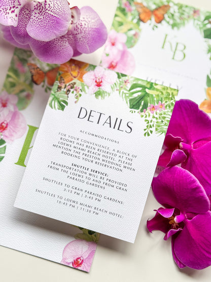 Tropical floral watercolor details card with “DETAILS” heading and shuttle times