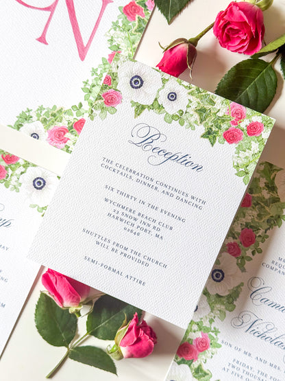Floral watercolor enclosure card with “Reception” script and pink roses on green leaves