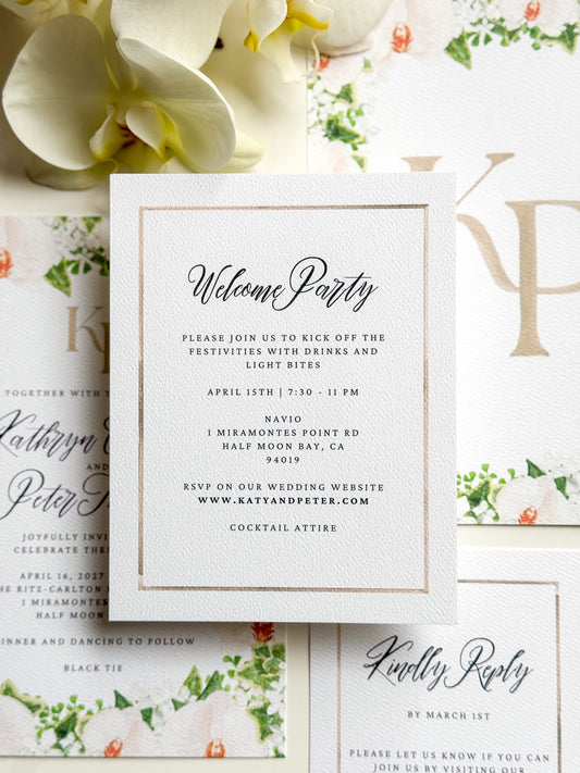 Watercolor border enclosure card with “Welcome Party” and charcoal border, navy script