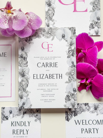 Floral wedding invitation with magenta monogram E, Carrie & Elizabeth and event date text