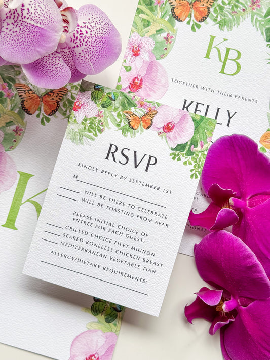 Floral watercolor RSVP card with KB/Kelly header, RSVP and meal/allergy lines