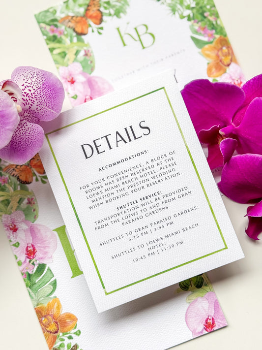 Watercolor border enclosure card, Palm Green frame; DETAILS in dark ink