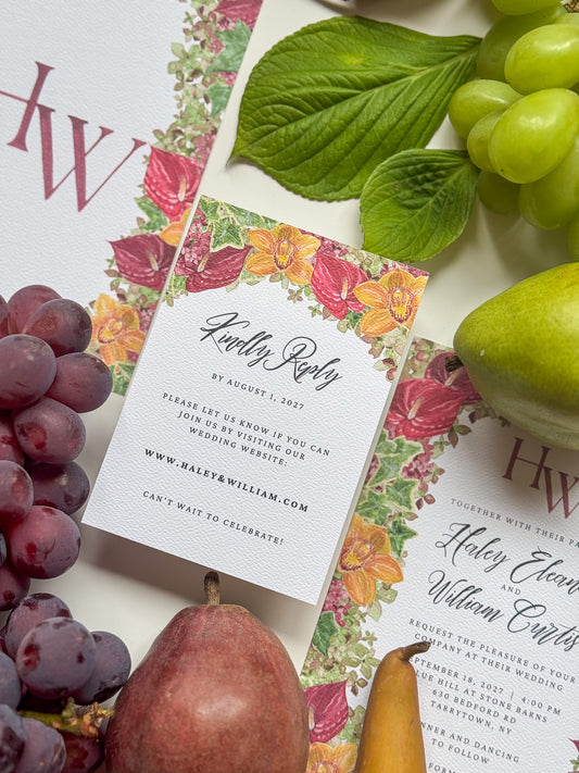 Floral watercolor RSVP card with “Kindly Reply” script and date “August 1, 2027”
