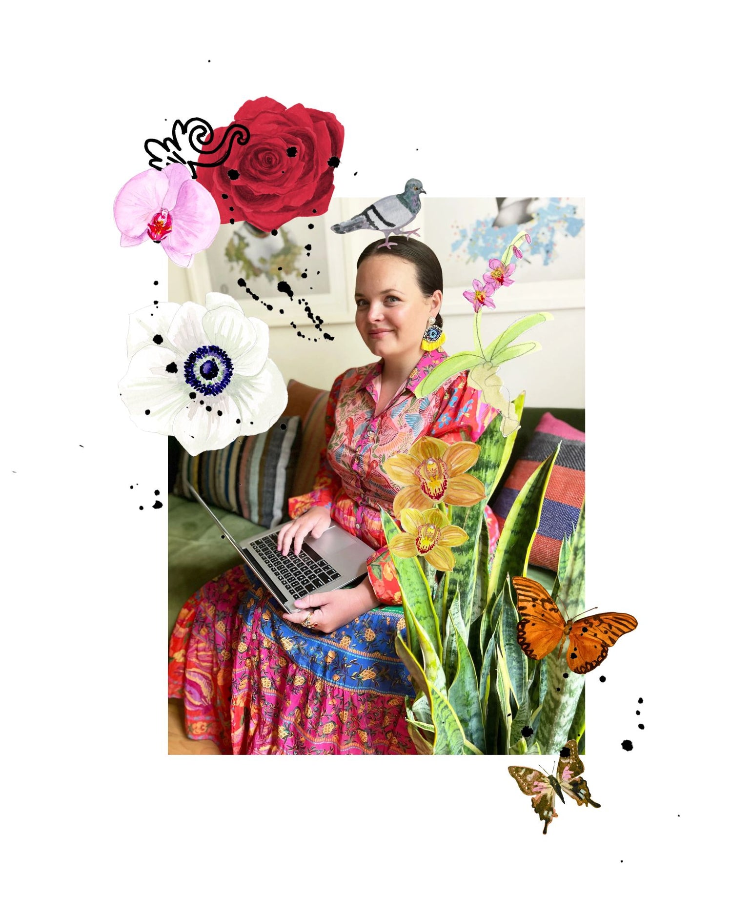 Victoria using a laptop with floral and butterfly decorations on a white background