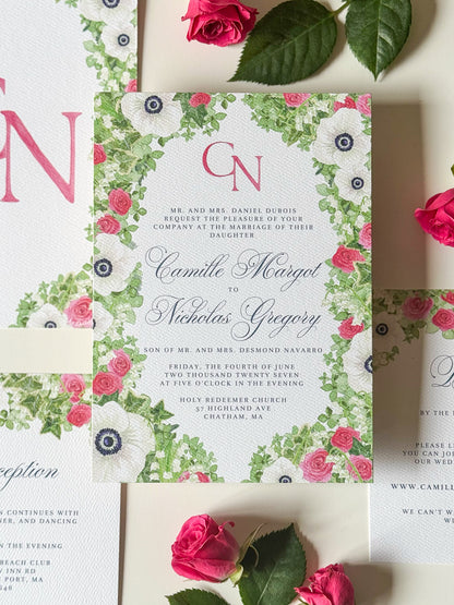 Square watercolor wedding invitation with rose-pink monogram N and pink-green floral frame