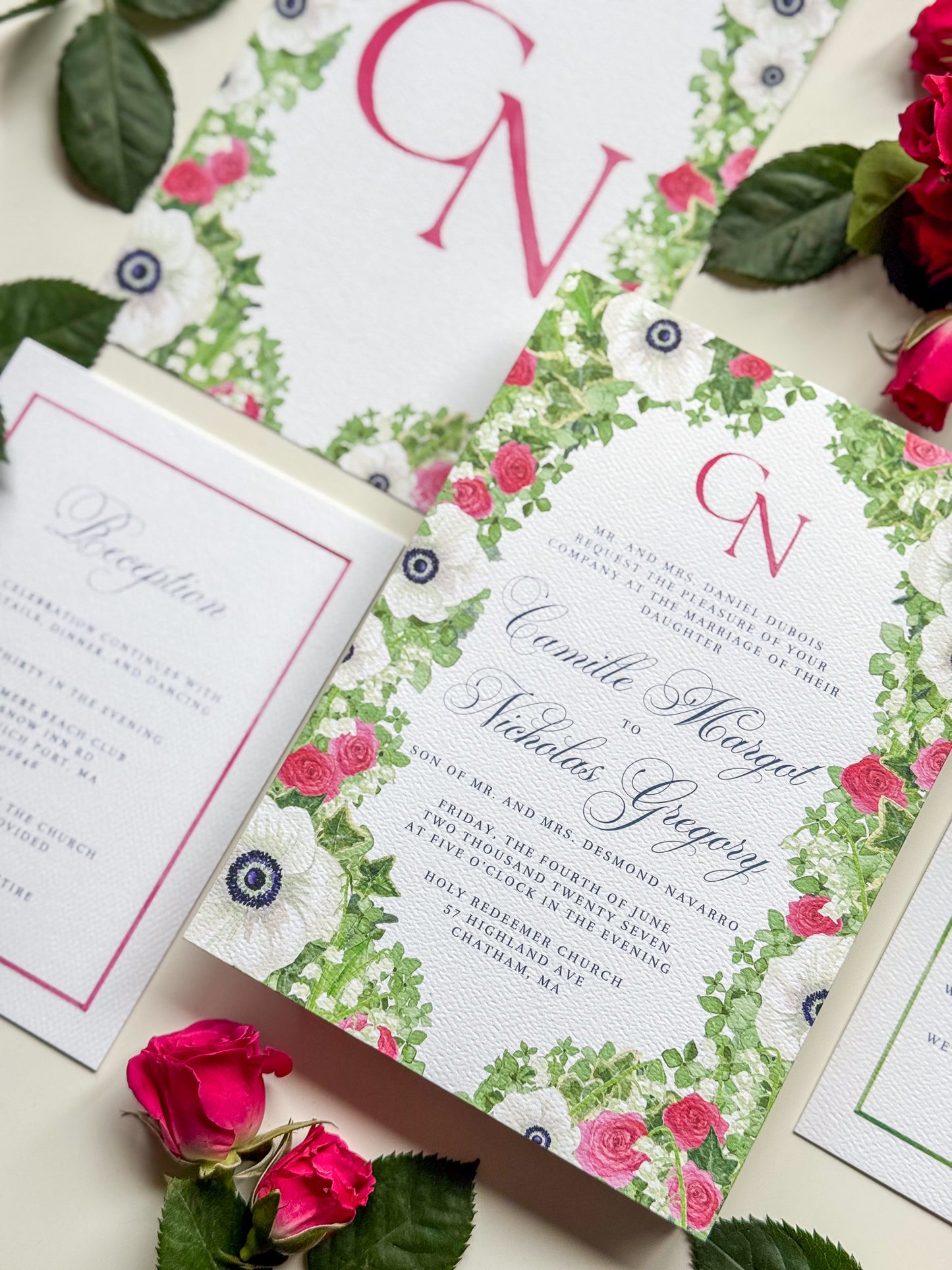Watercolor wedding invitation with rose-pink monogram N and floral greenery border