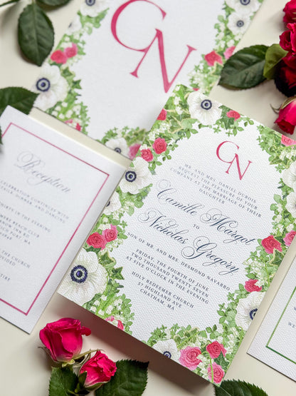 Watercolor wedding invitation with rose-pink monogram N and floral greenery border